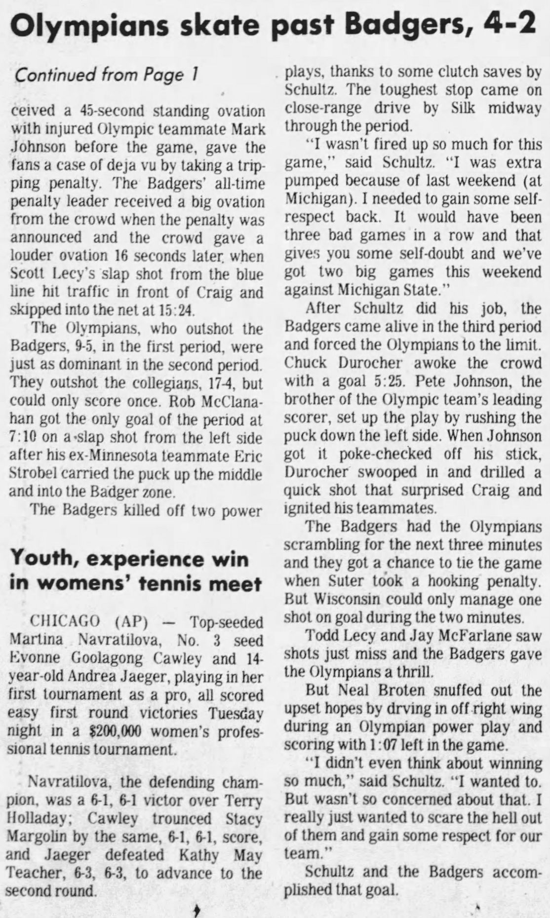 U.S. Olympic team 4, Badgers 2: Wisconsin State Journal game story, Jan. 23, 1980